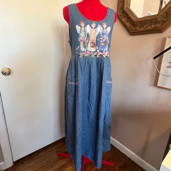 Vintage Denim Jumper Teacher Dress "An Angel's Work Is Never Done" - Picture 1 of 5